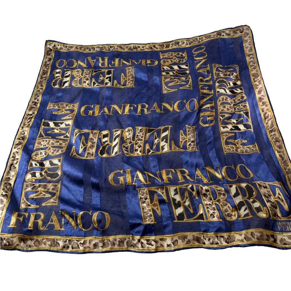 Gianfranco Ferré Vintage Logo Scarf, Navy Silk Leopard Print, 90s Italian Design - Picture 2 of 4
